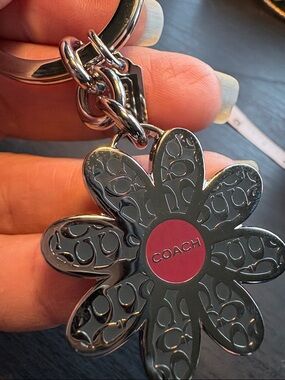 Coach Silver Flower Key Ring with Dark Gray Green Petals